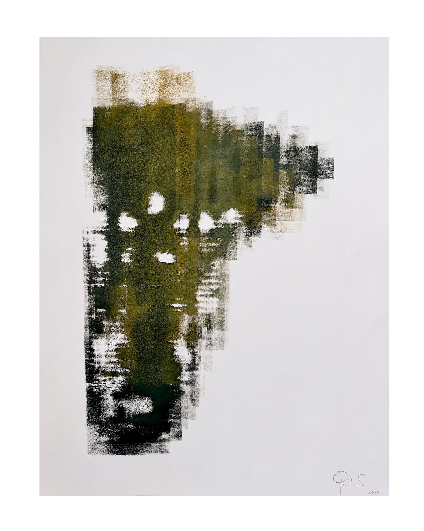 This is a woodblock print in green, black and ocher colors, displaying an abstract print