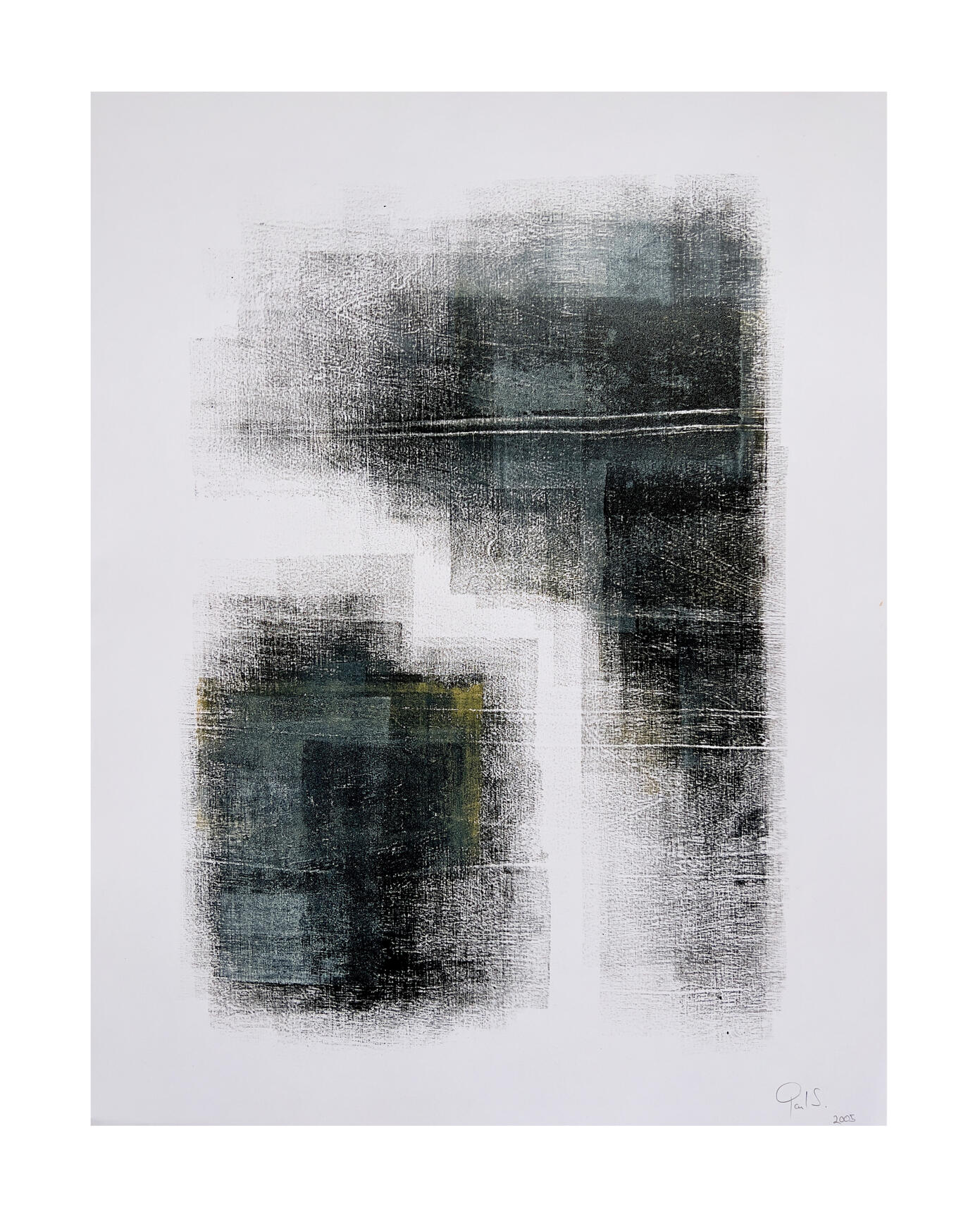 Displays an abstract Oil and Acryl painting with black, blue, magenta and gold colors