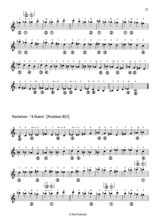 This is an excerpt of Paul Schreiter's method for guitar regarding Messiaen's third mode, showcasing fingering positions